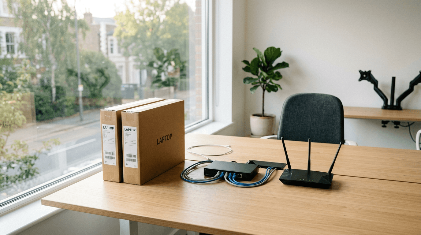 A new office desk by a window with two boxed laptops, a network switch with ethernet cables, and a wifi router, representing IT setup for a new business