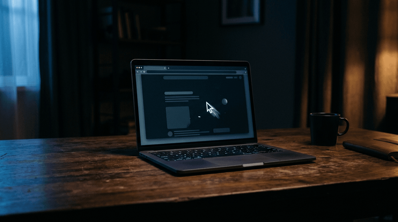 A laptop on a dark desk showing a web browser window with a glowing cursor moving on its own, representing an agentic AI browser acting autonomously