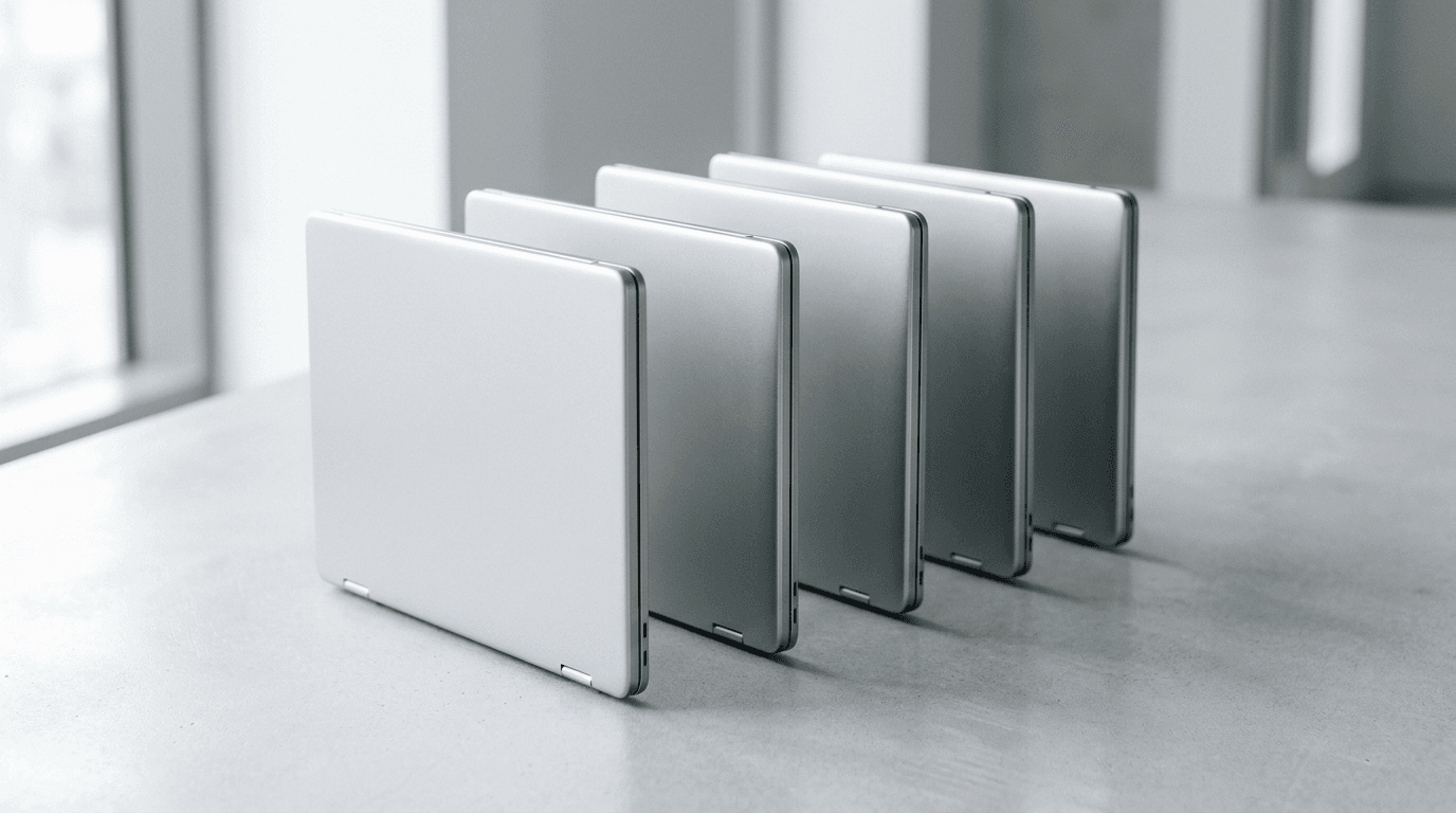 A row of five identical silver business laptops standing upright on a bright office surface, representing a managed Device as a Service fleet