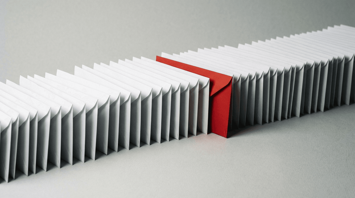 A single red envelope standing out in a long row of identical white envelopes, representing a spoofed phishing email hidden among trusted internal Microsoft 365 mail
