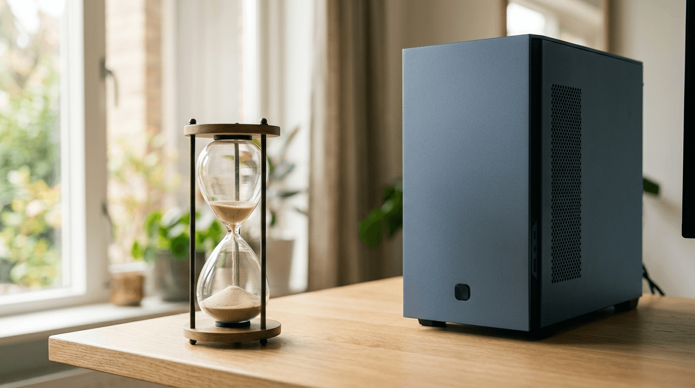 An hourglass with sand nearly run out standing beside a modern desktop computer tower on a wooden desk, representing Windows 11 24H2 approaching its October 2026 end of support