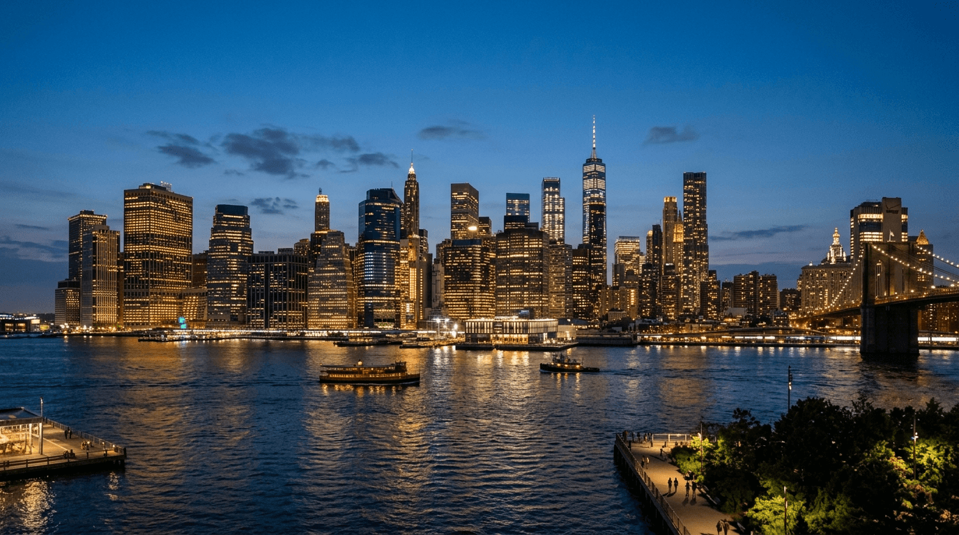 Lower Manhattan financial district skyline at dusk, representing New York DFS-regulated financial and insurance firms subject to 23 NYCRR Part 500