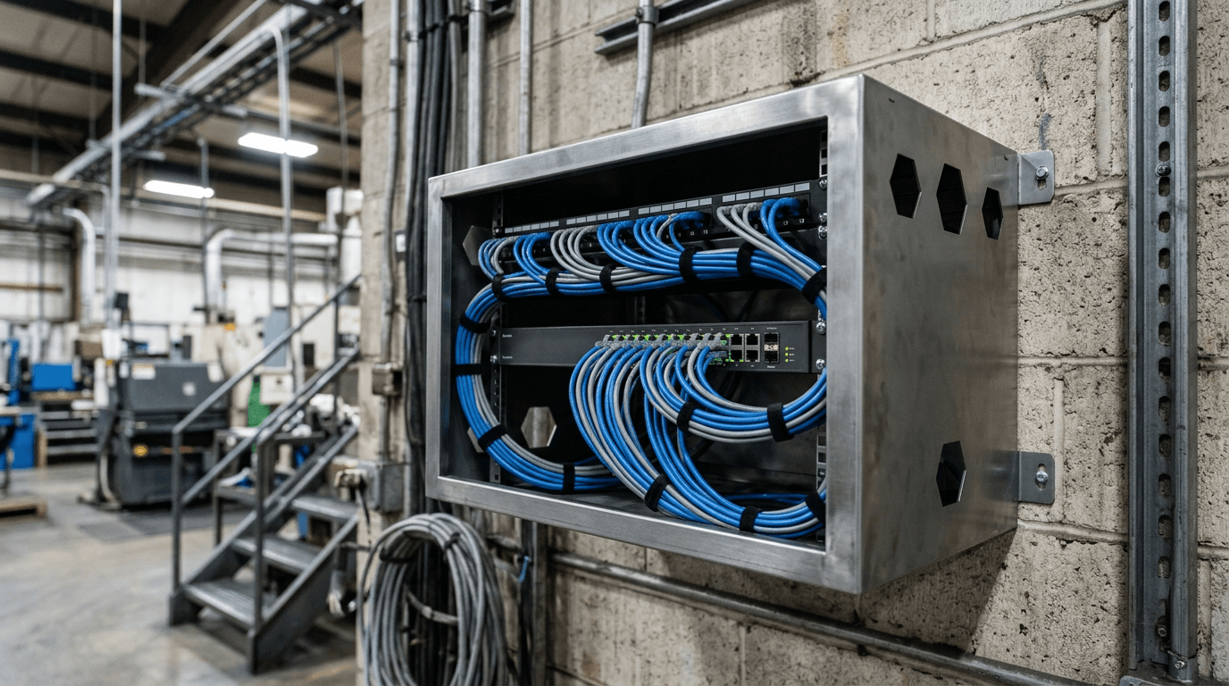 Industrial network switch and neatly bundled ethernet cables in a steel cabinet mounted on a factory wall