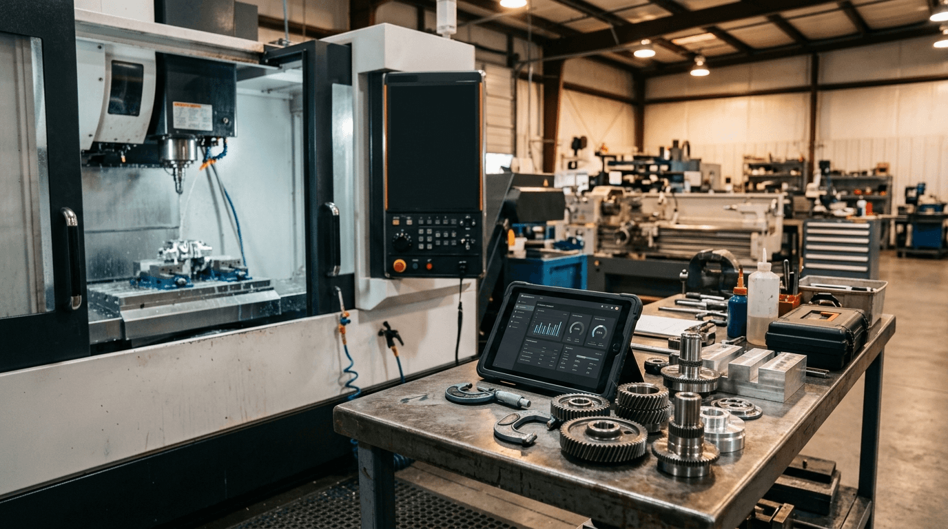 Unbranded CNC milling machine and machined metal gears on a workbench beside a tablet showing a production dashboard in a small manufacturing shop
