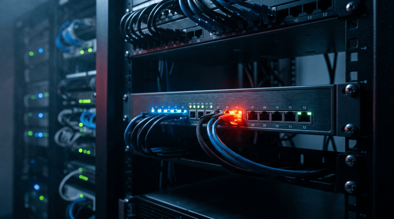 Rack-mounted network firewall appliance in a dark data center with one VPN port glowing red among blue-lit ports