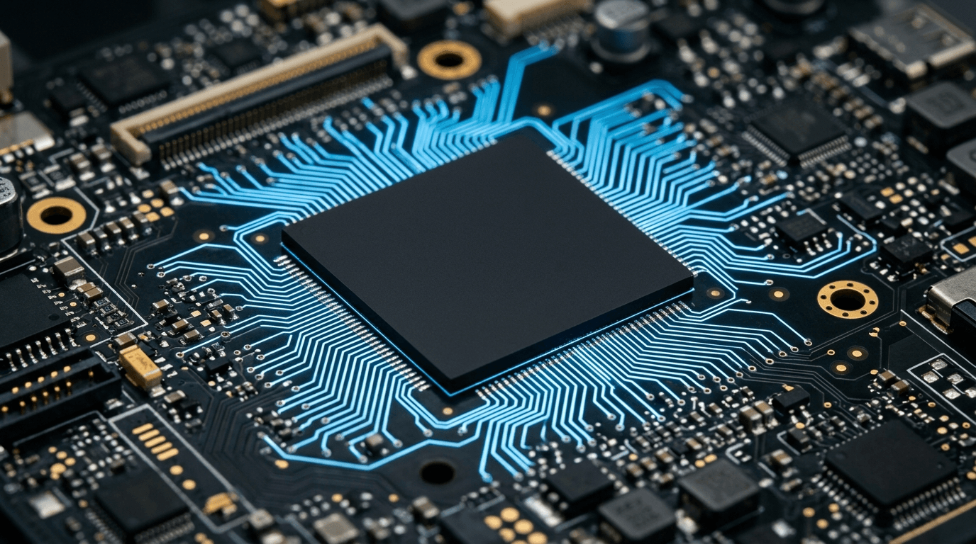 Close-up of a laptop motherboard with a blank AI processor chip at center and glowing blue circuit traces radiating outward