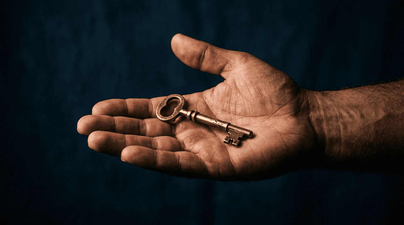 An open hand offering a brass key against a dark background, symbolizing OAuth consent phishing that hands an attacker access to a Microsoft 365 account