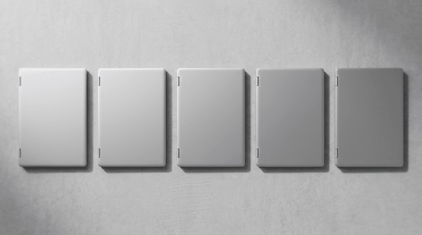 A row of five identical closed silver business laptops on a light surface, representing a managed Windows 11 25H2 fleet rollout
