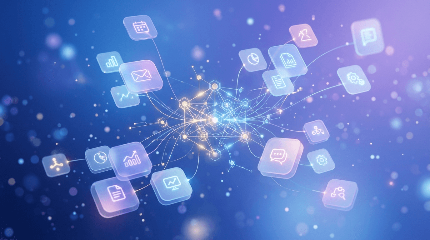 Abstract glowing network of connected app icons in blue and violet, representing Microsoft 365 Copilot linking business tools