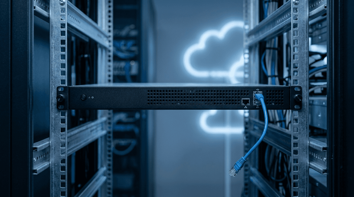 Rack-mounted on-premises Exchange email server with a disconnected network cable and a glowing cloud icon, illustrating migration from end-of-support Exchange Server to Microsoft 365