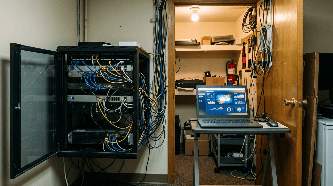Open office server closet with a laptop on a cart beside the rack, mid-migration to the cloud