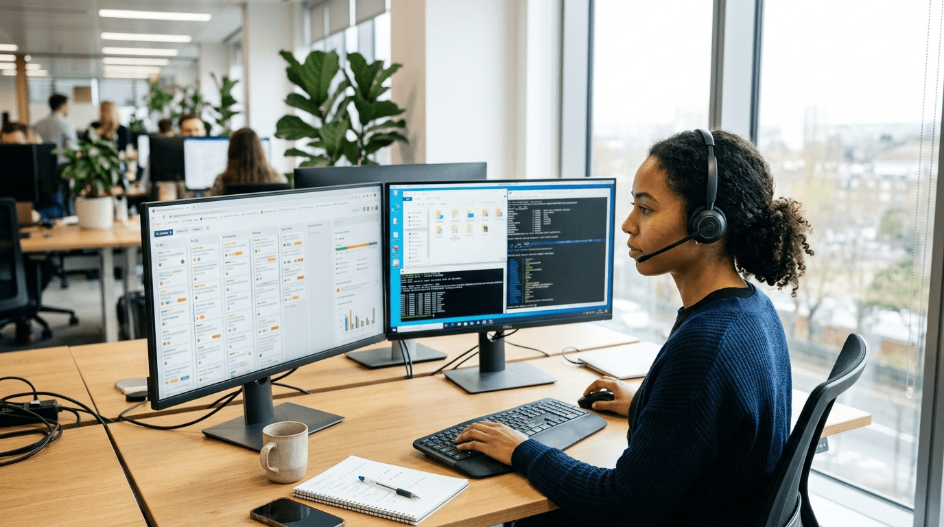Help desk engineer with a headset working a ticket board and a remote session across two monitors