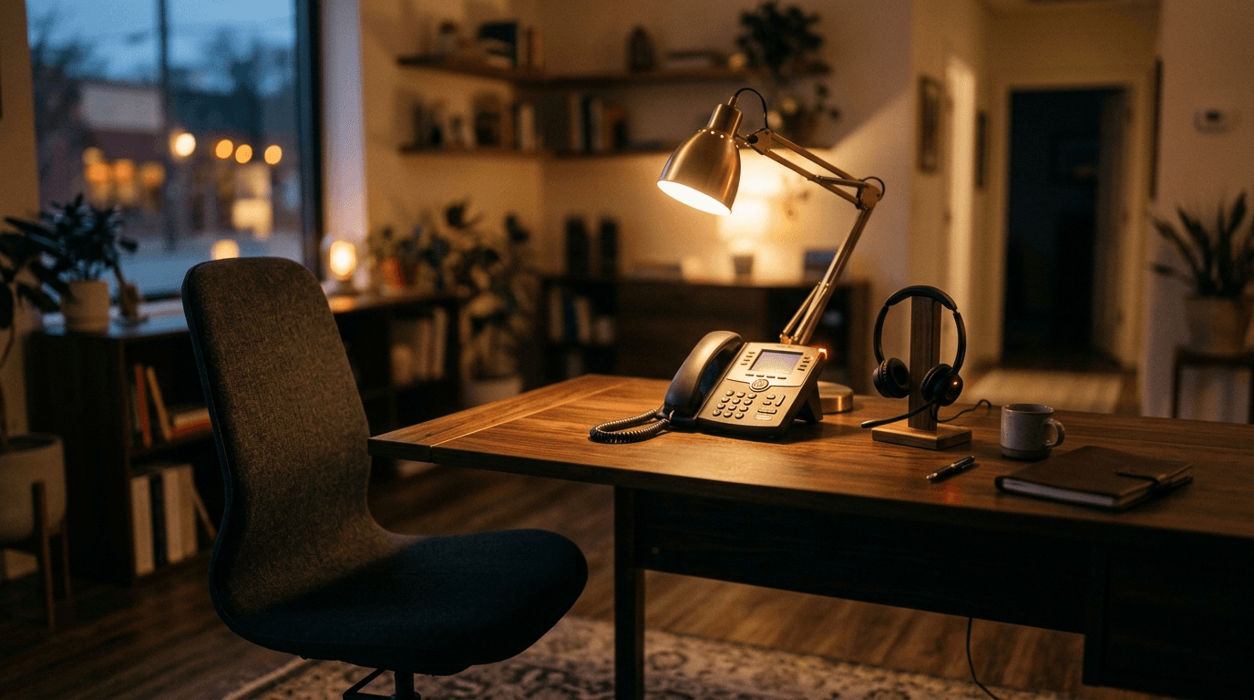 Empty front desk at dusk with a lit desk phone and a headset resting beside it