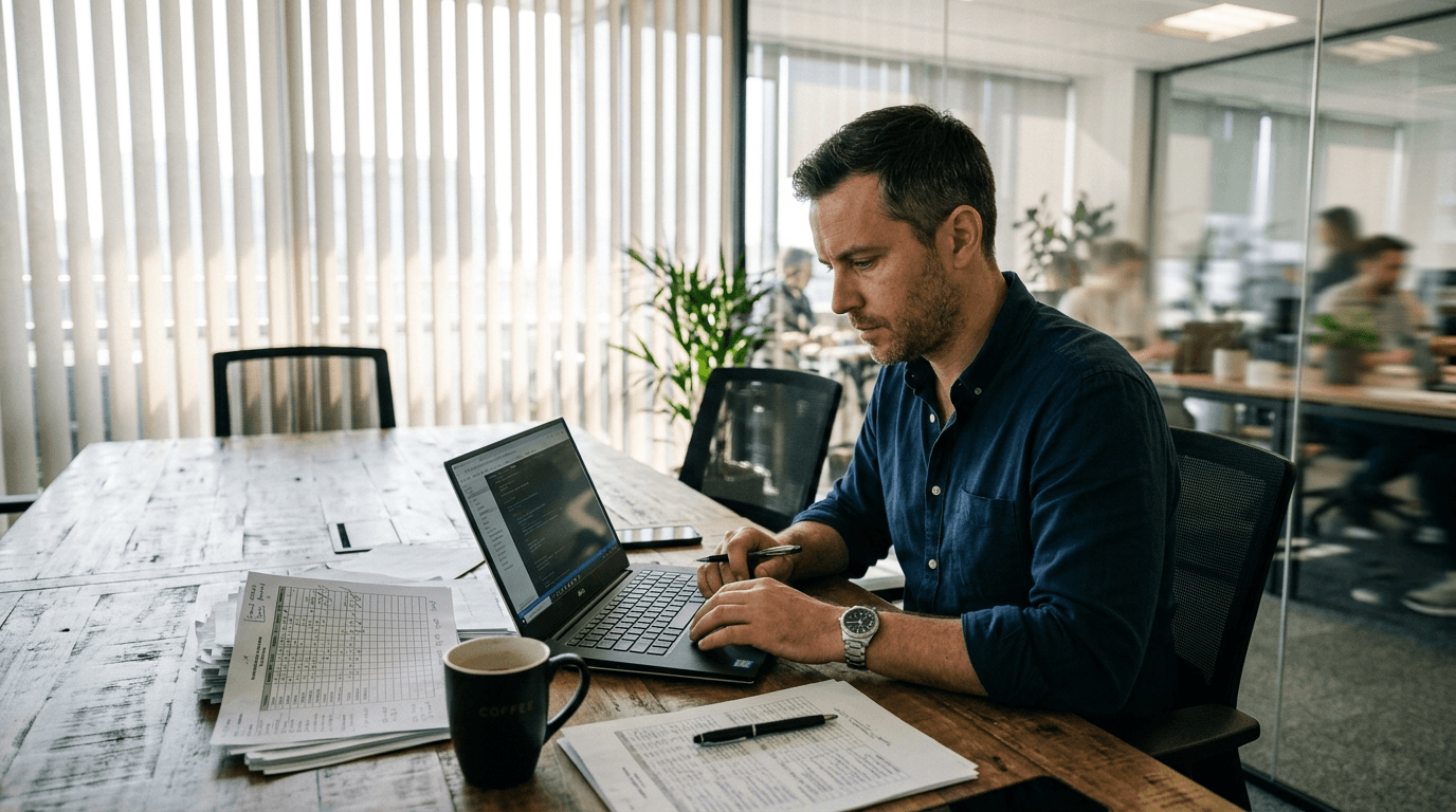 Engineer reviewing a printed mailbox inventory beside a laptop while planning an email migration