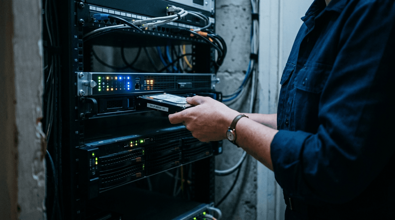Technician holding a labeled backup drive in front of a small office server rack with status lights