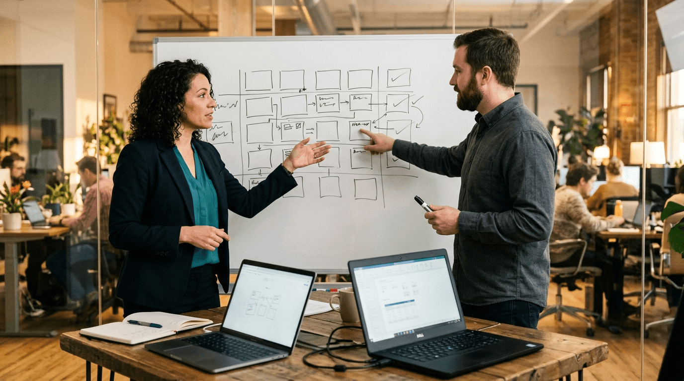 Owner and IT consultant working through a per-employee budget grid on a whiteboard