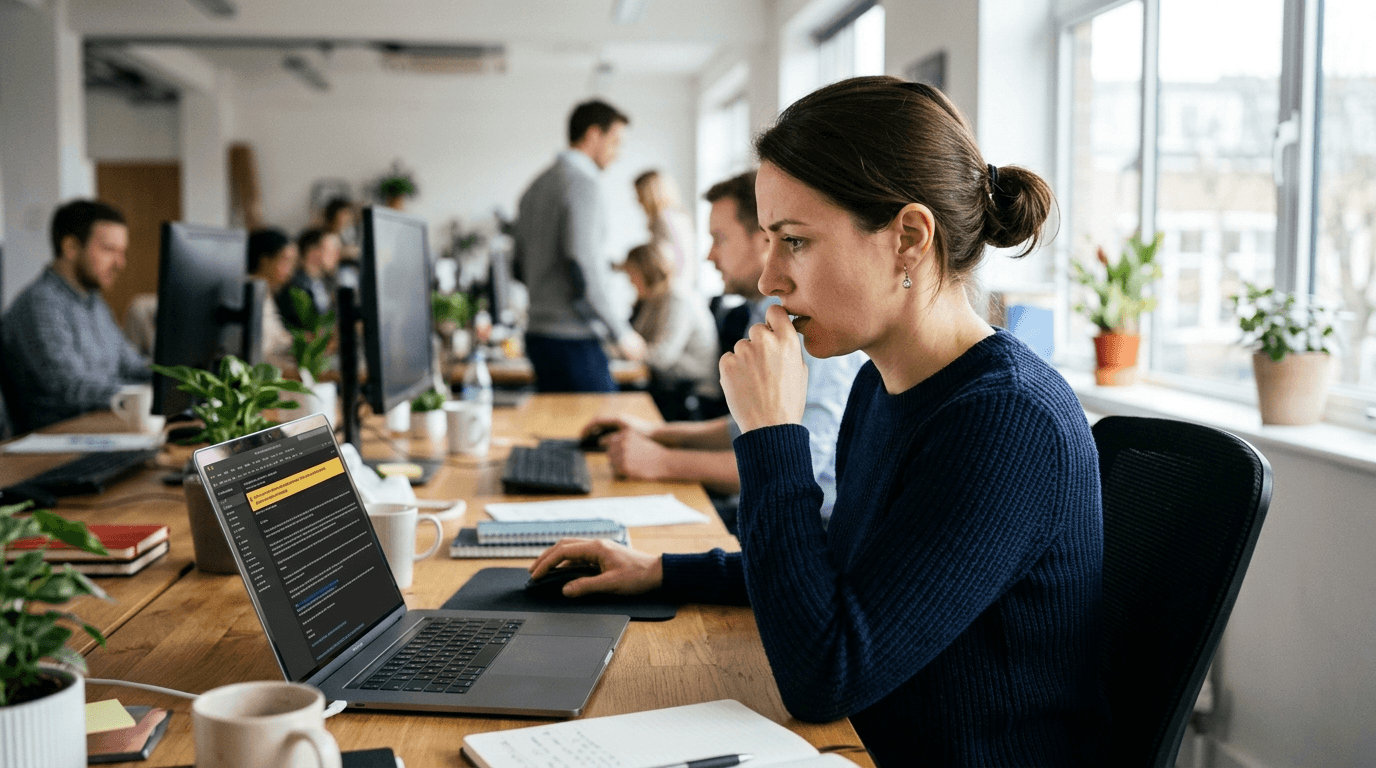 Employee scrutinizing a suspicious email on a laptop in an open-plan office