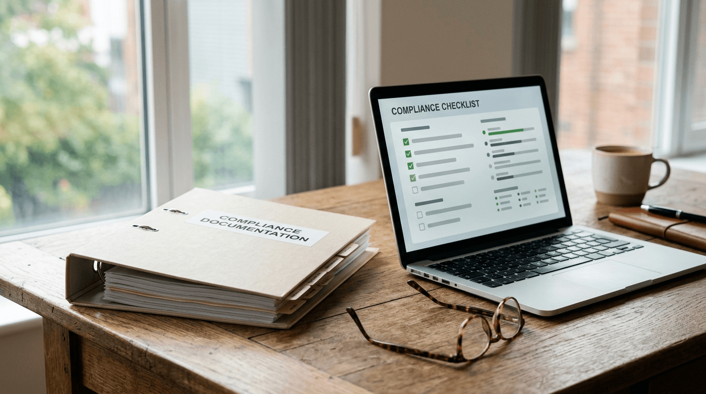 Compliance binder and laptop with a control checklist on a wooden desk during SOC 2 preparation