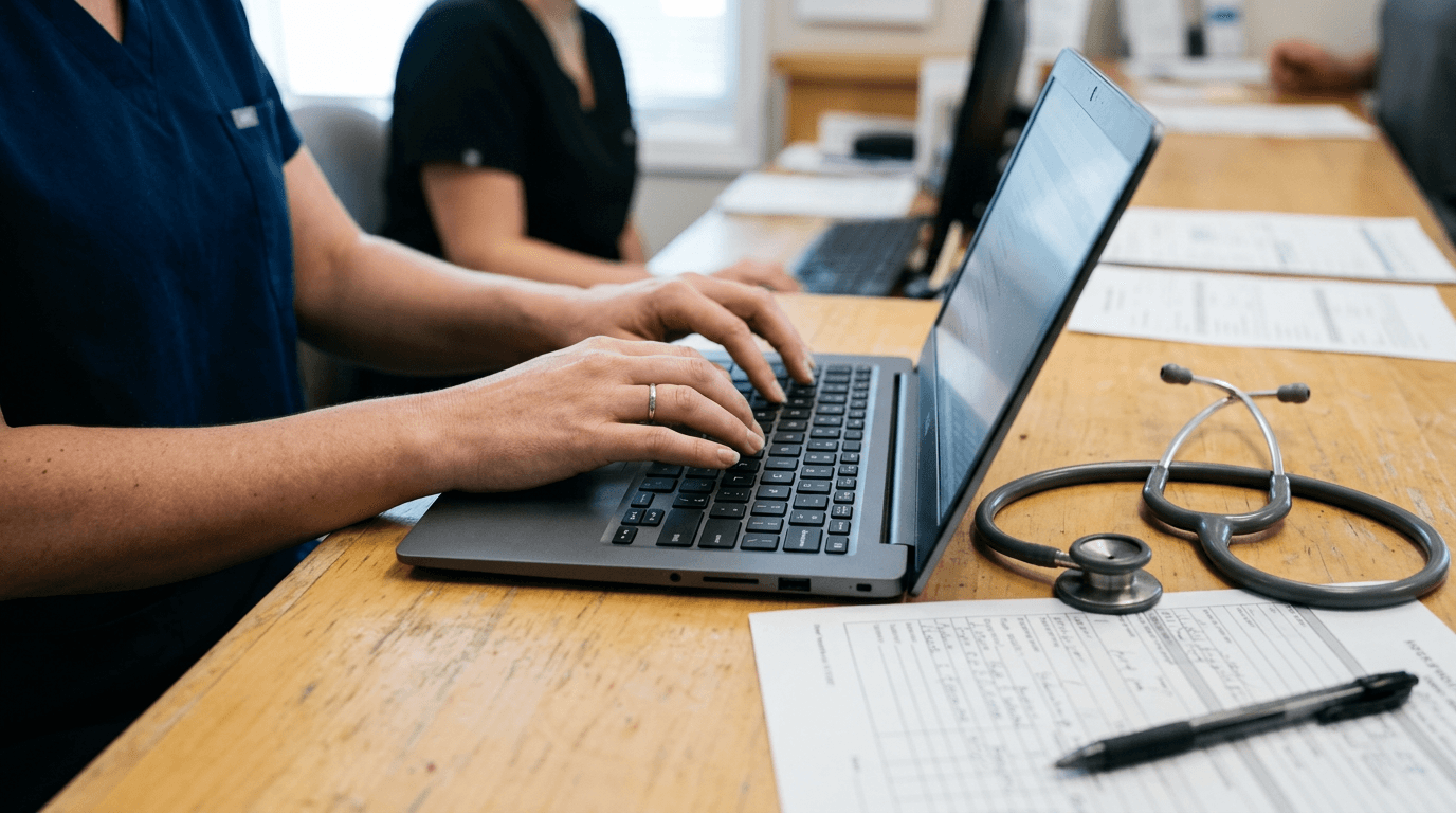 Hands typing on a laptop next to a patient form at a medical reception desk