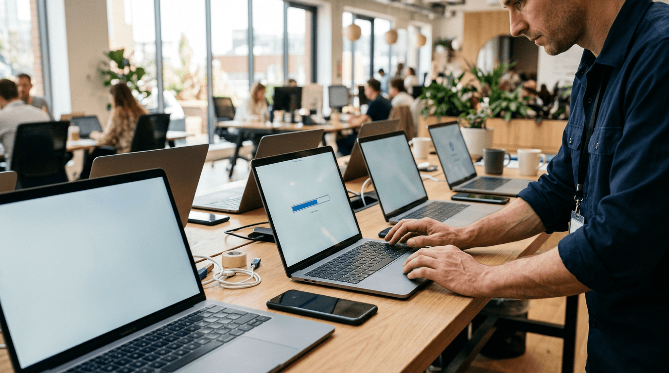 Technician enrolling a row of company laptops and smartphones into device management