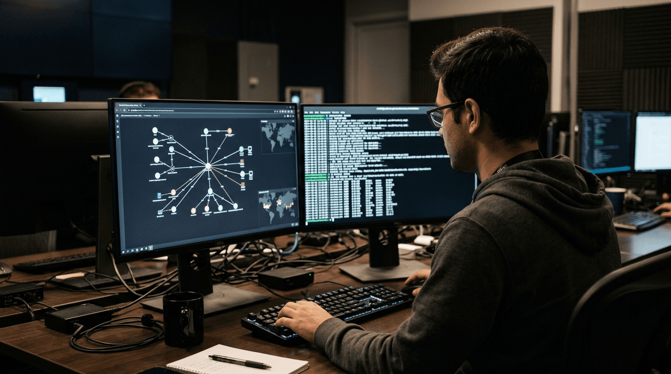 Security engineer reviewing a network map and terminal output on two monitors in a dimly lit office