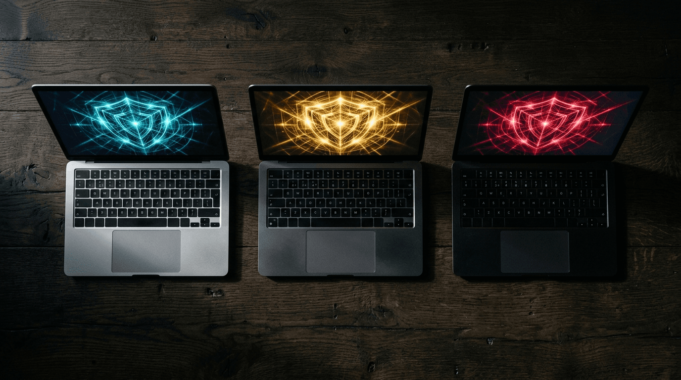 Three laptops on a dark desk with glowing abstract shield patterns on their screens