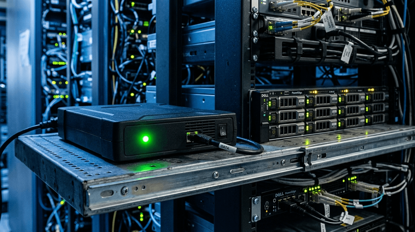 Compact backup appliance with a green status light beside a rack server with blinking drive bays