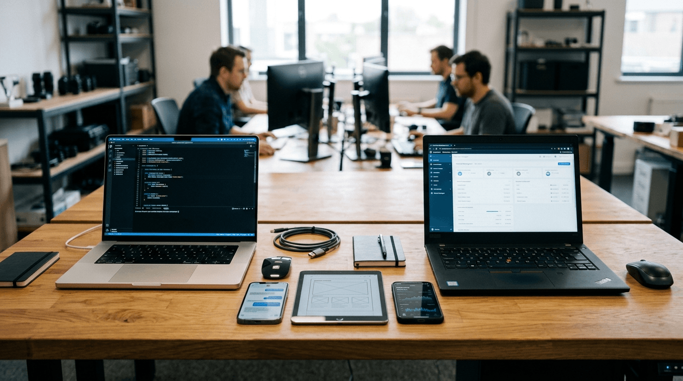 Two laptops, a tablet and two smartphones arranged on a tidy IT bench