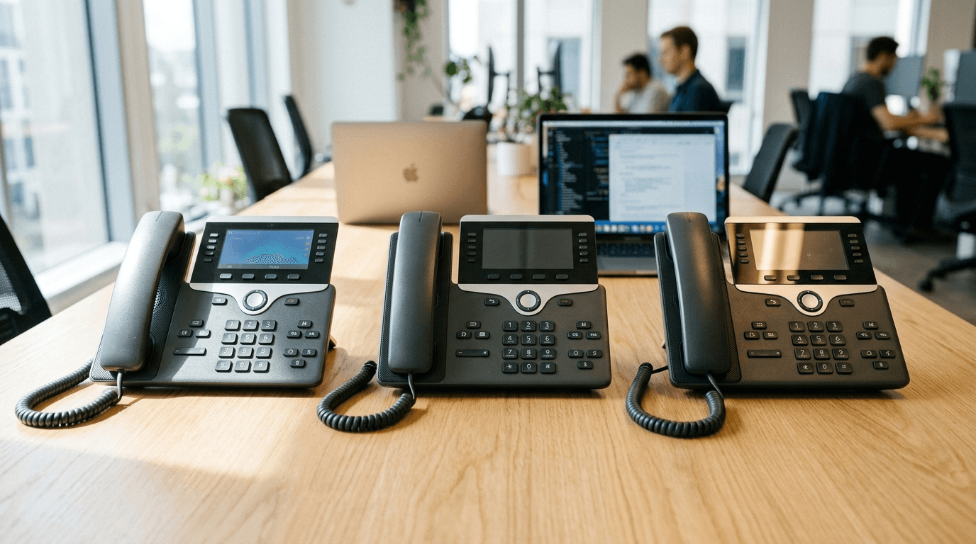 Three desk phones in a row on a wooden conference table with a laptop in the background