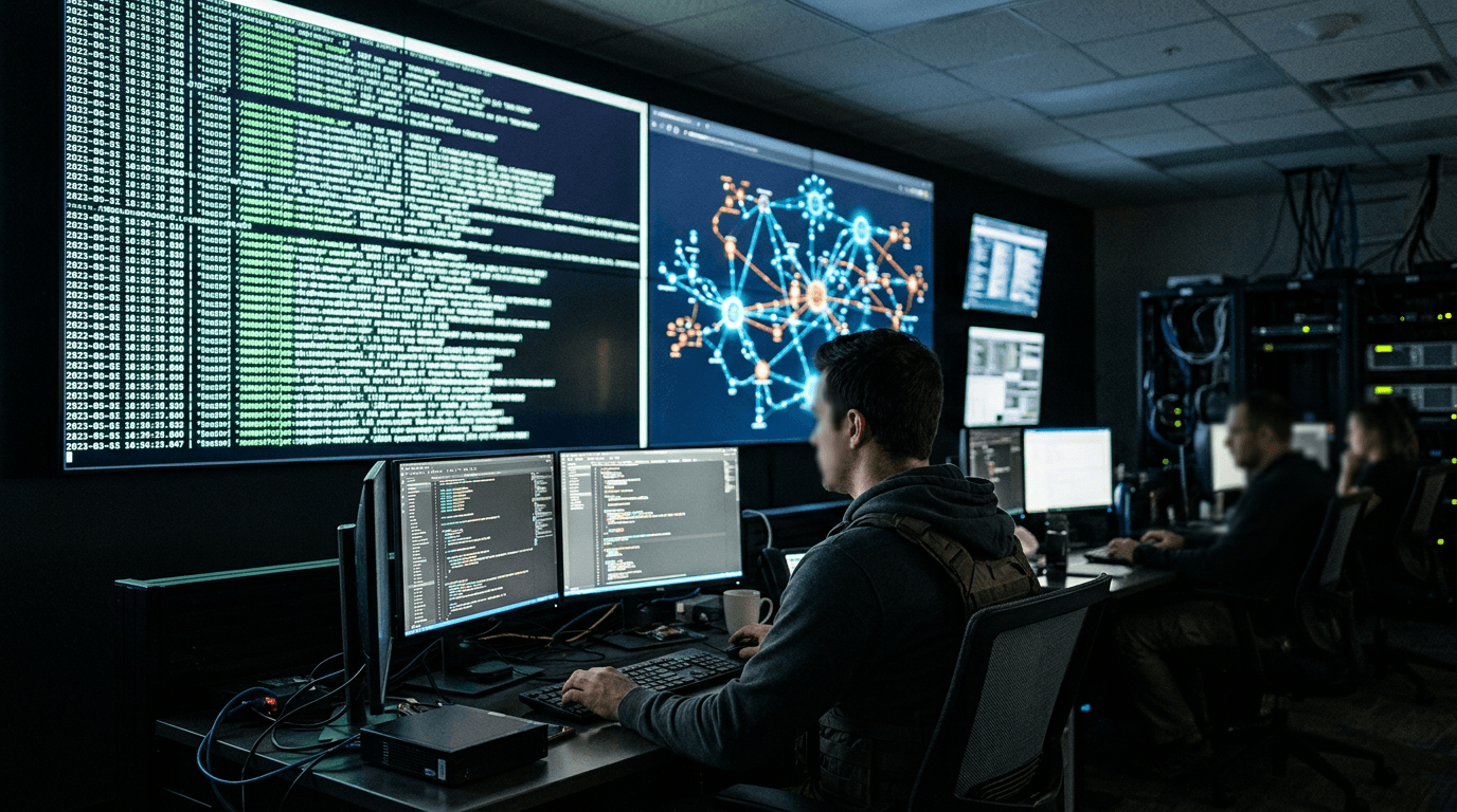 Two wall displays in a dim operations room, one full of log lines and one showing a chain of connected nodes