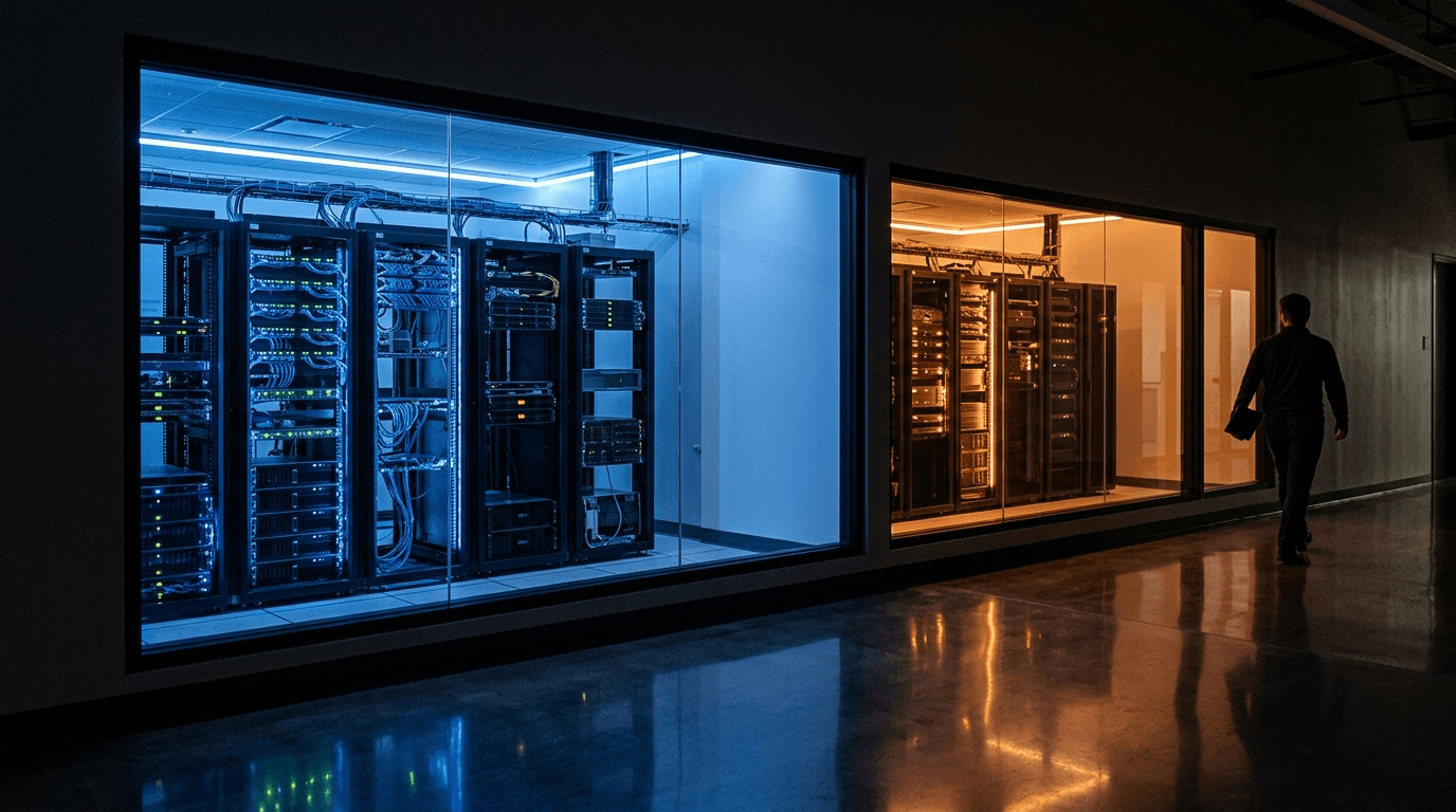 Two server rooms seen through a corridor window, one lit blue and one lit amber