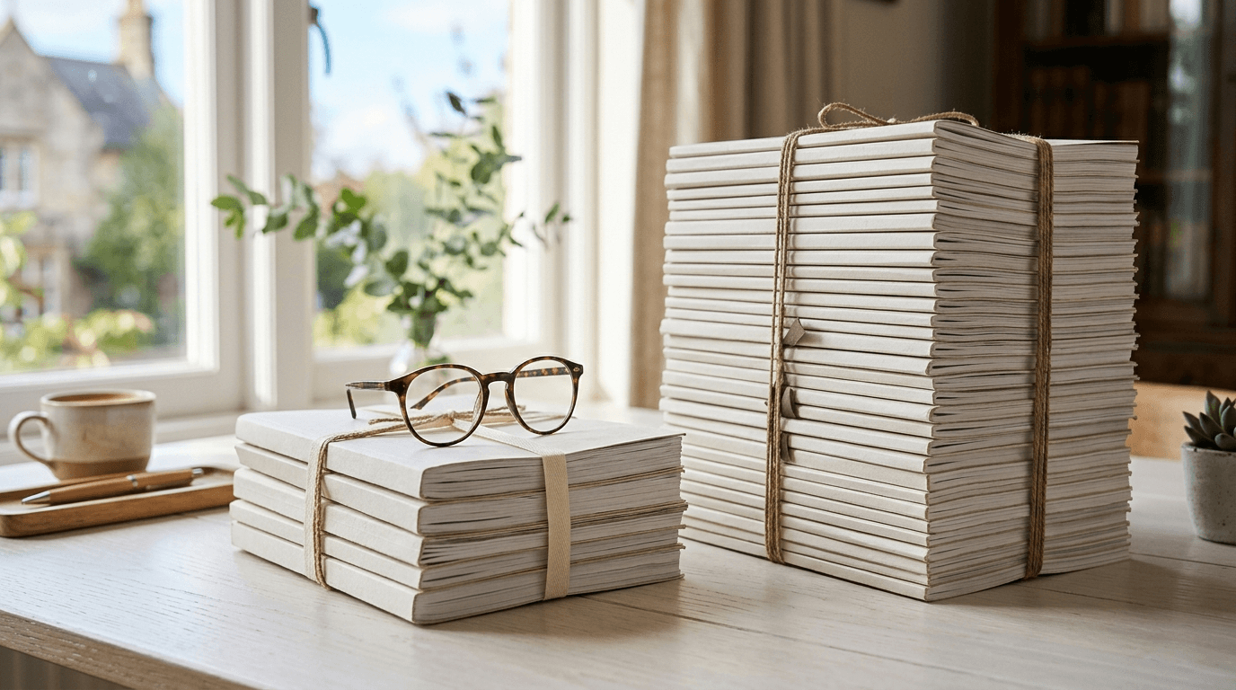 A short stack and a tall stack of bound documents on a white desk in morning light