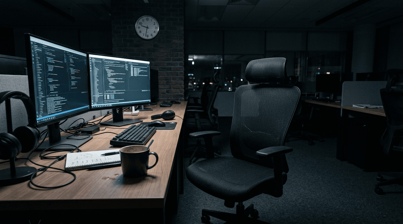 Empty office chair at an IT desk with two glowing monitors in a dark room