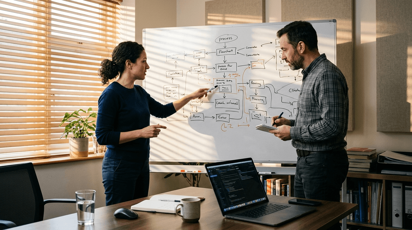 Two people at a whiteboard in a small meeting room with a laptop open on the table