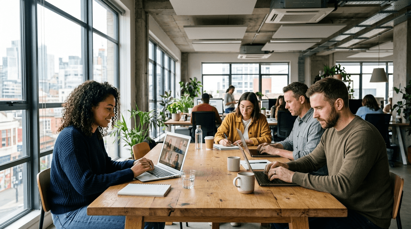 Coworkers at a shared office table, one on a laptop video call and one typing on a phone