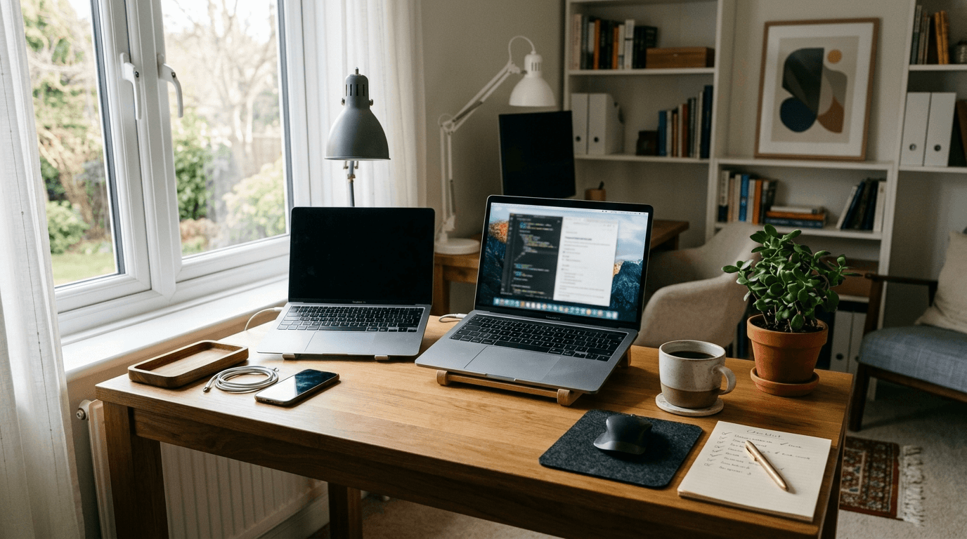 Two laptops side by side on an office desk with a paper checklist and a coffee mug