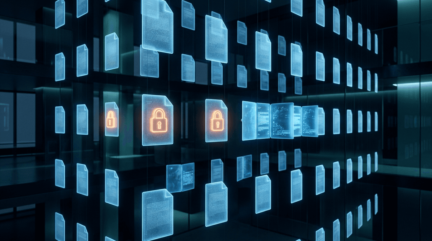 Glowing translucent document cards floating in a dark office, a few sealed with padlocks and others left wide open, representing Microsoft 365 file oversharing that Copilot can surface