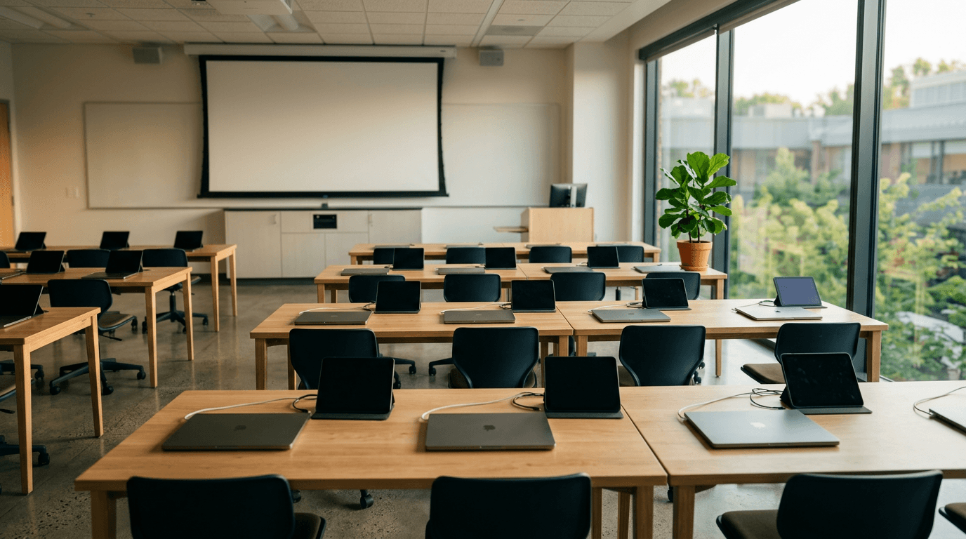 Empty modern private-school computer classroom with rows of closed laptops and tablets on wooden desks and a blank projector screen, lit by natural window light