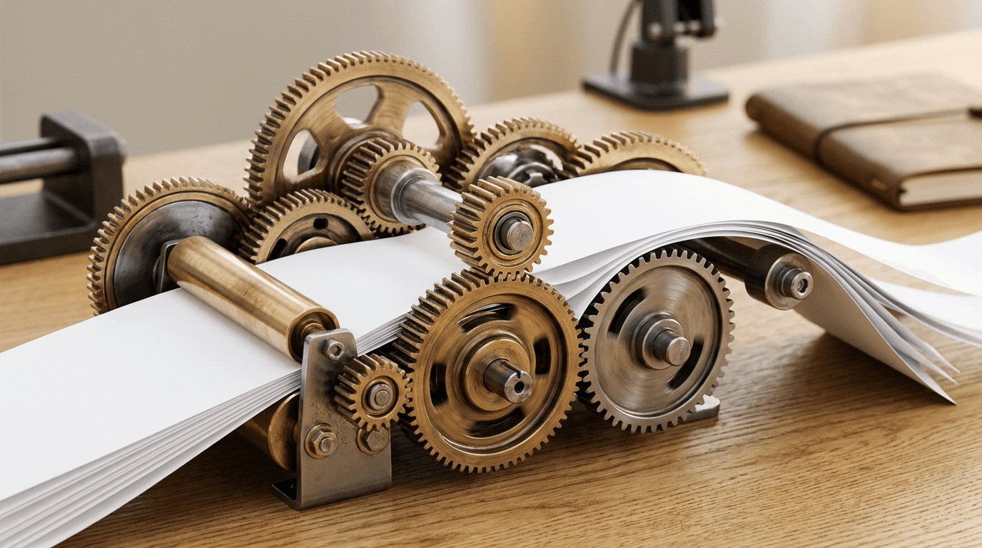 Brass gears feeding sheets of paper through a machine on a desk, a metaphor for automating a professional services firm's paperwork with AI