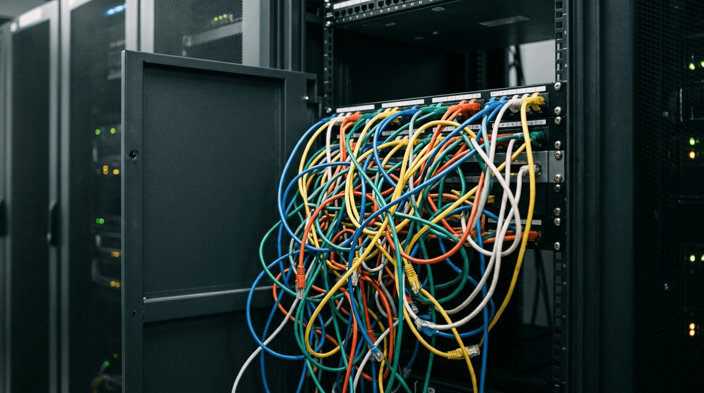Tangle of brightly colored network patch cables spilling from an open server rack, a metaphor for uncontrolled SaaS app sprawl at a small business