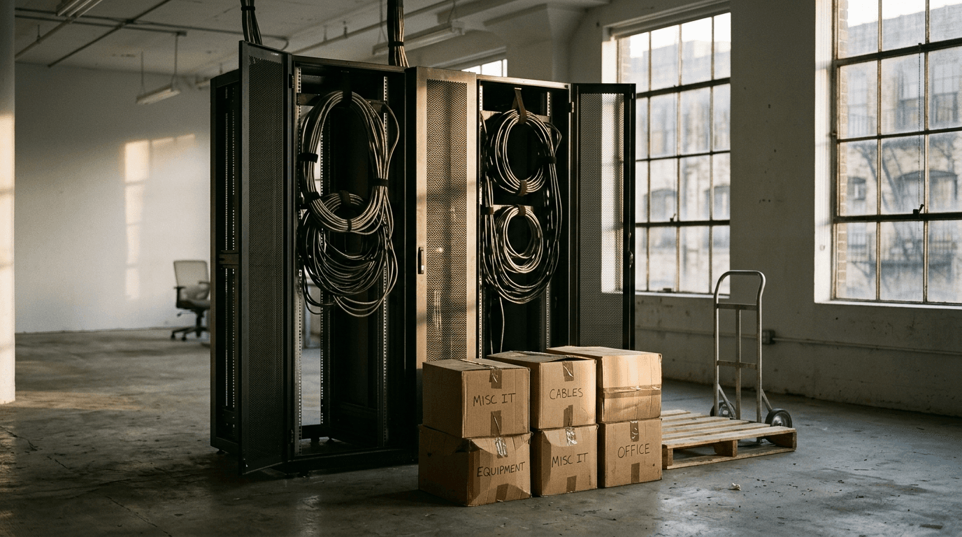 Two empty server racks with coiled cables and stacked moving boxes in a vacated office, illustrating IT due diligence before a business acquisition