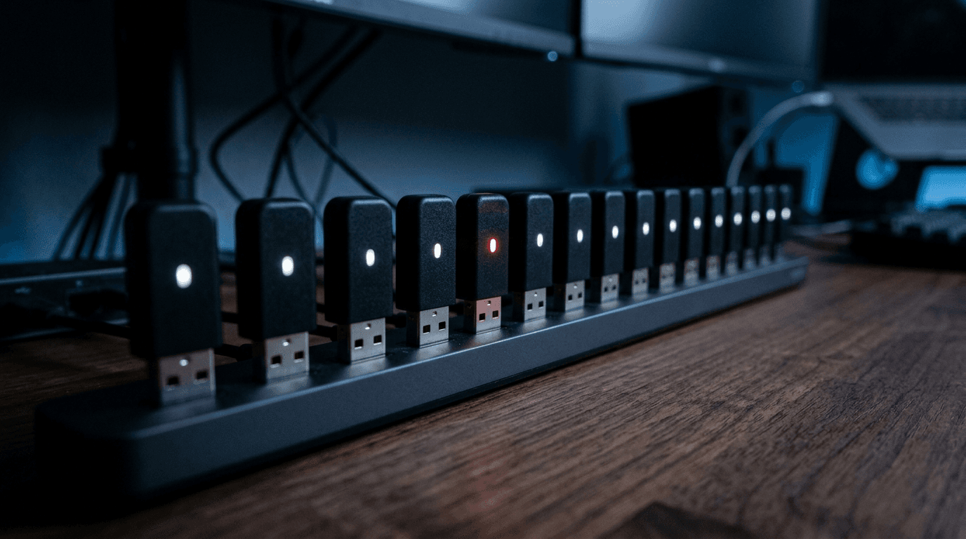 A row of identical USB dongles plugged into one hub with a single unit glowing red, illustrating a malicious browser extension hiding among trusted ones