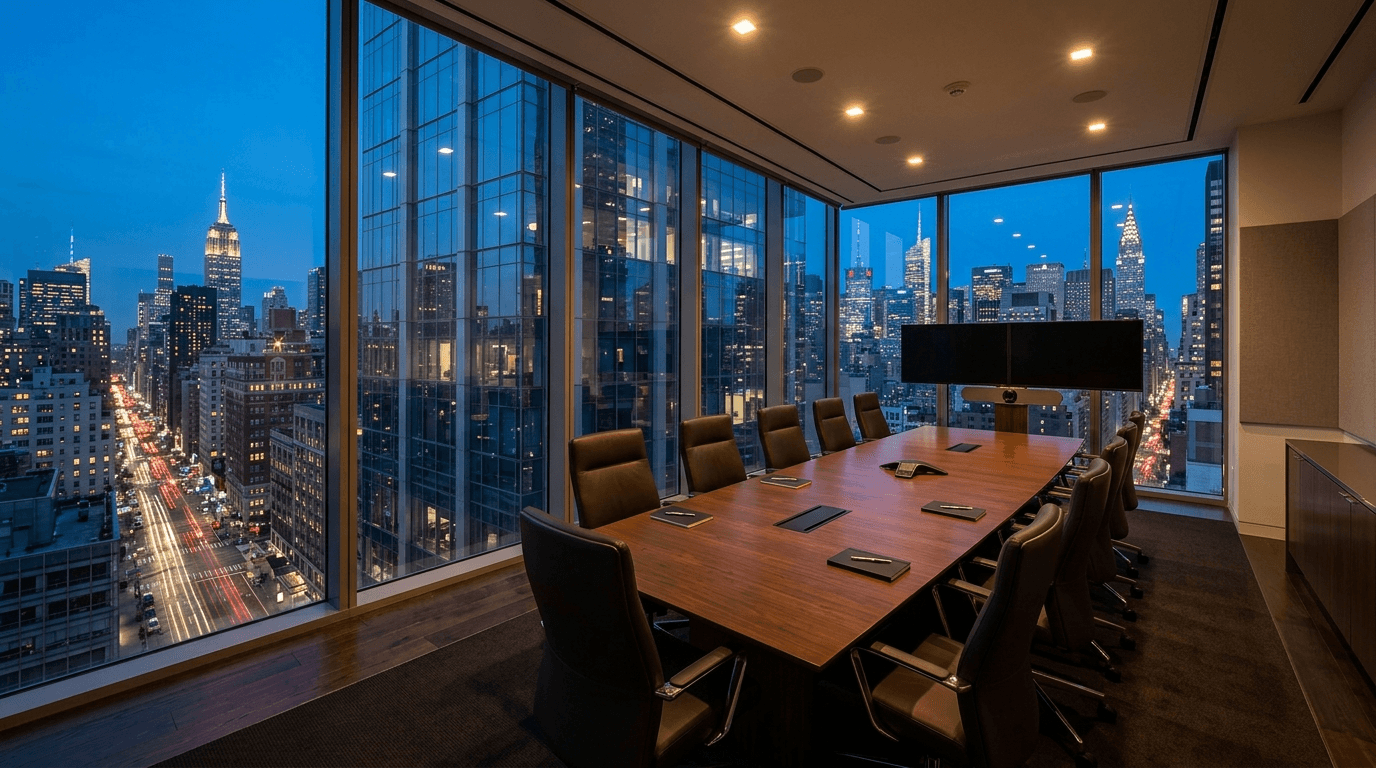 Empty glass-walled conference room in a Manhattan office tower at dusk overlooking the Midtown skyline, illustrating IT support for NY-metro hedge funds