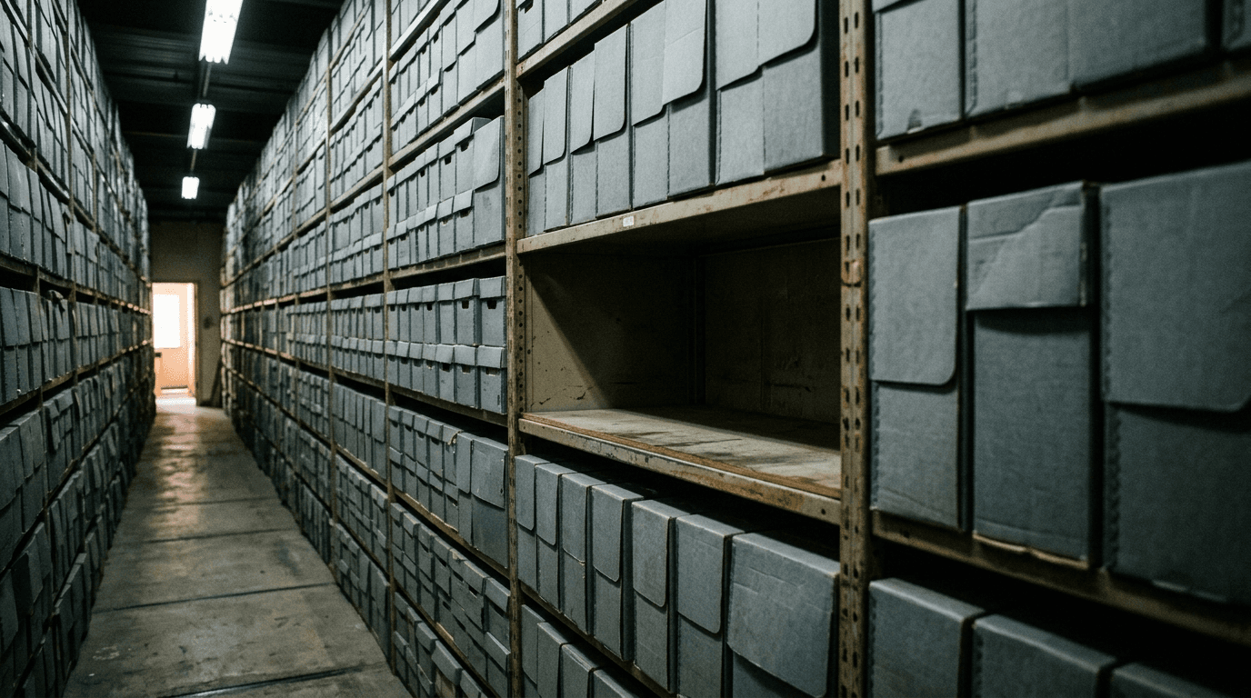 Rows of grey archive boxes on steel shelving in a business records storage room, with one shelf bay emptied to illustrate a data retention schedule