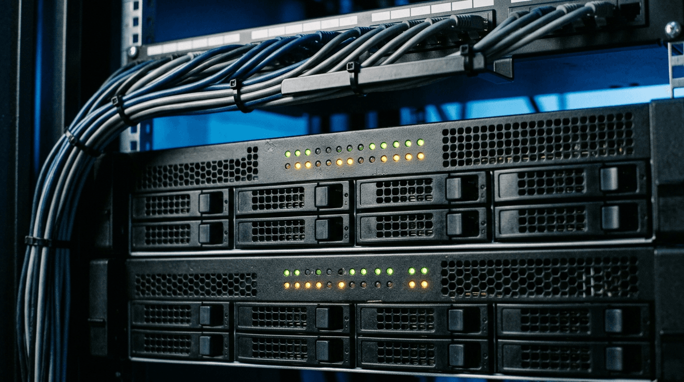 Close-up of two unbranded rack-mount servers with amber and green status LEDs and bundled ethernet cabling in a small business server rack
