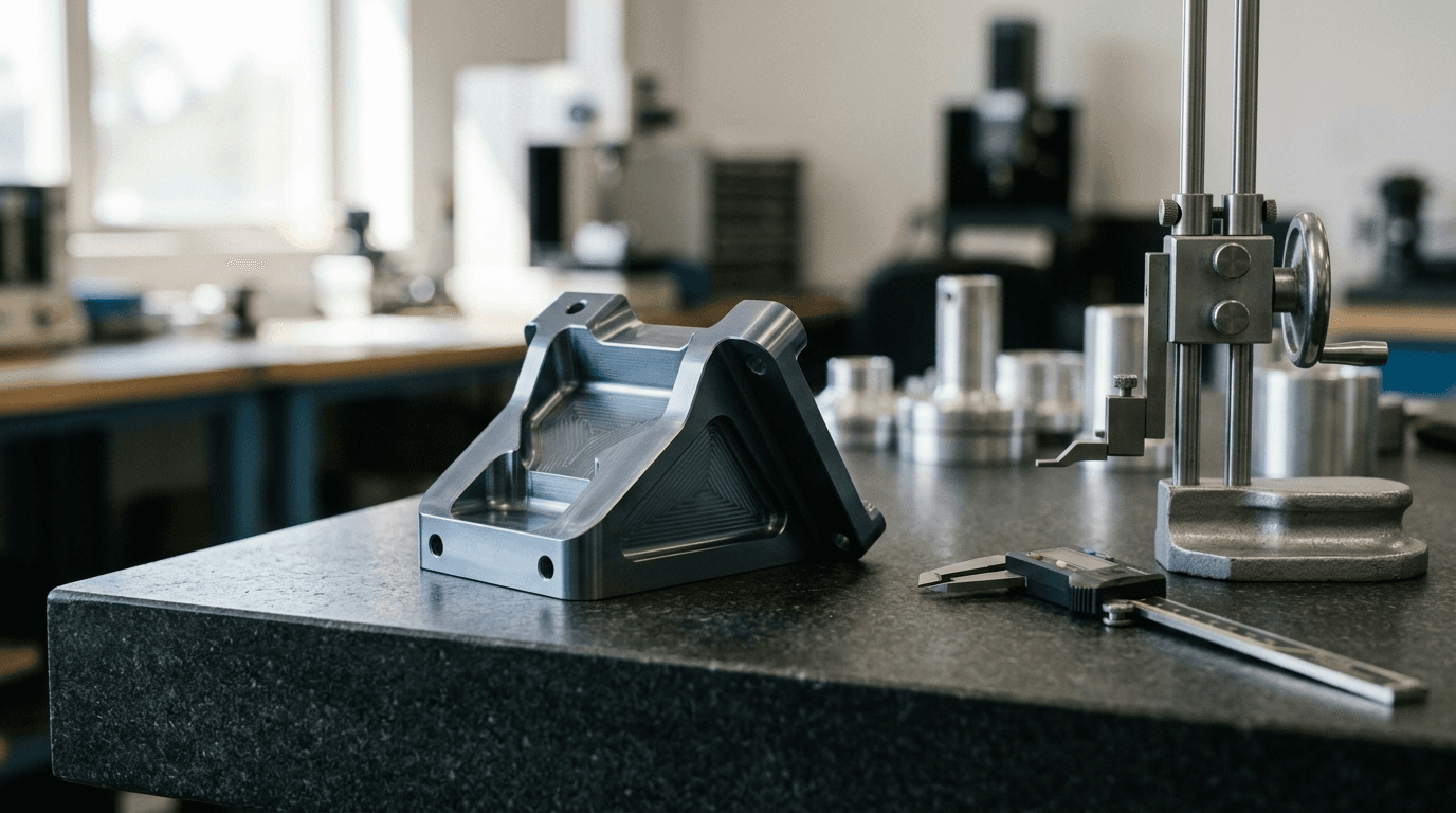 Precision-machined aerospace bracket on a granite inspection plate with digital calipers and height gauge at a small defense subcontractor's quality-control bench