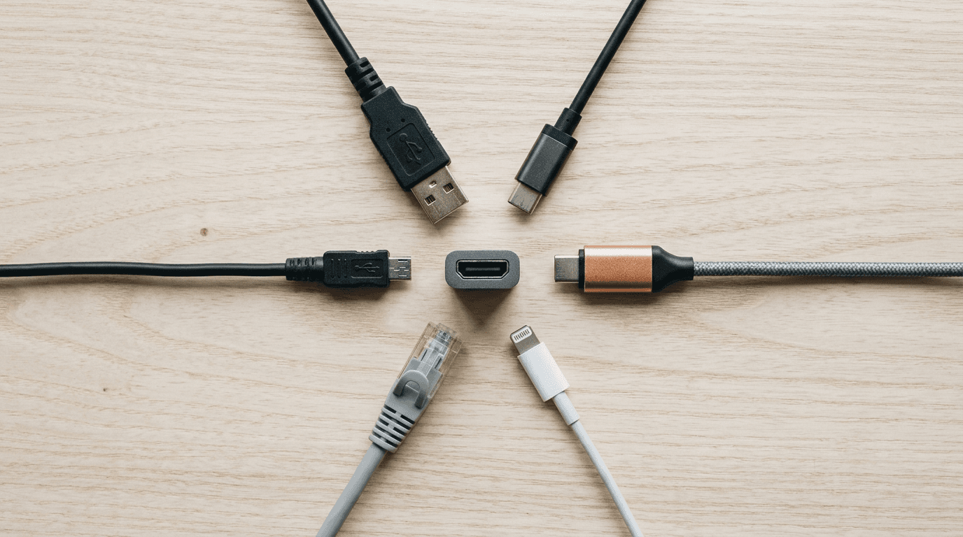 Six different cable connectors arranged in a radial pattern converging on a single central port, illustrating how the Model Context Protocol acts as one universal adapter between AI assistants and business systems