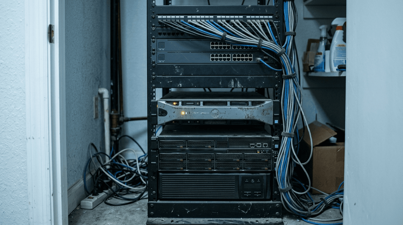 Aging on-premises server rack in a small office utility closet with one amber status light and bundled network cables, representing unsupported SharePoint Server 2016 and 2019 hardware