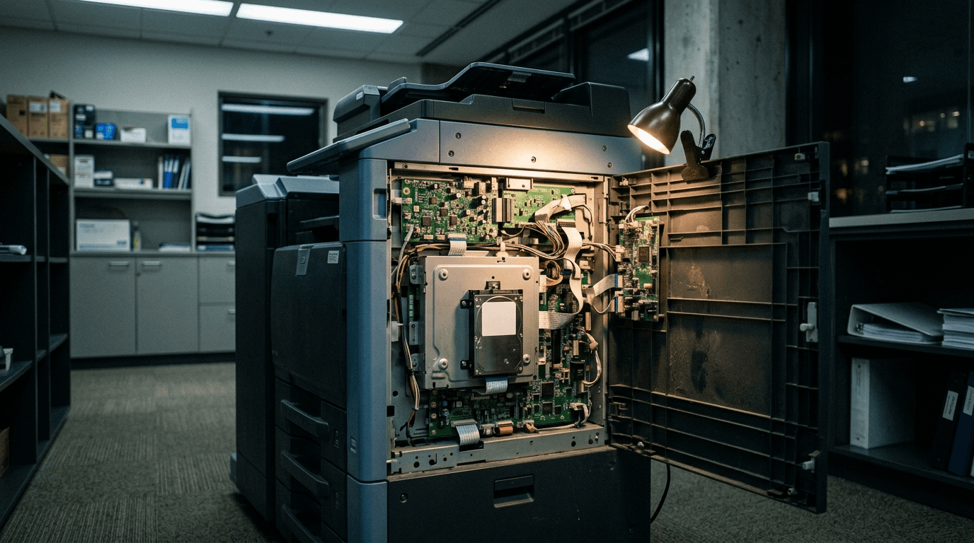 Office multifunction printer with its side panel open, exposing the internal hard drive and circuit boards that store scanned documents and credentials