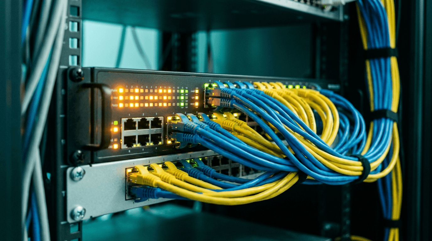 Rack-mounted network firewall appliance with lit status LEDs and bundled ethernet cables, the kind of device that needs manual SSL certificate renewal